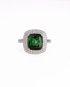 Dress ring green Tourmaline 5.83ct with double halo of round diamonds 0.47ct platinum ring size N