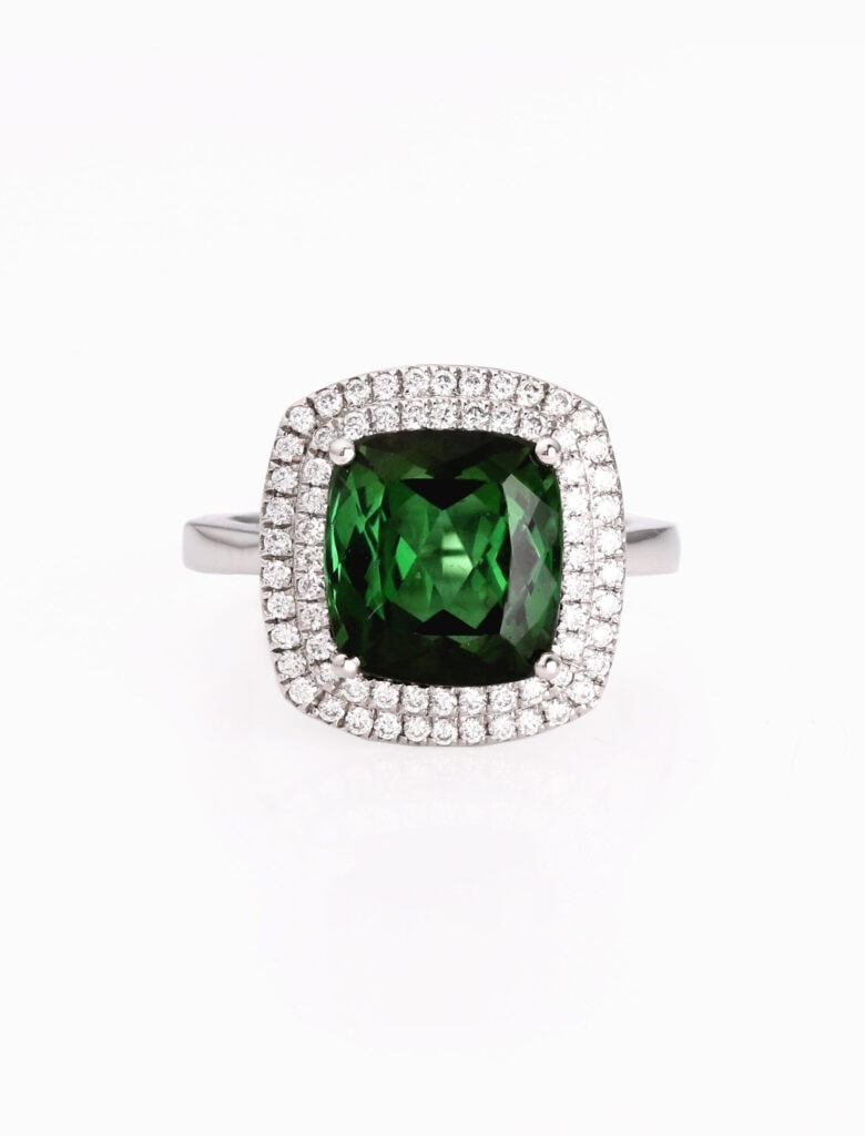 Dress ring green Tourmaline 5.83ct with double halo of round diamonds 0.47ct platinum ring size N — front view