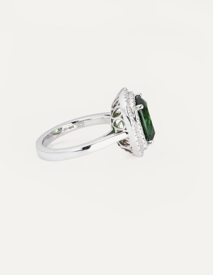 Dress ring green Tourmaline 5.83ct with double halo of round diamonds 0.47ct platinum ring size N — side view