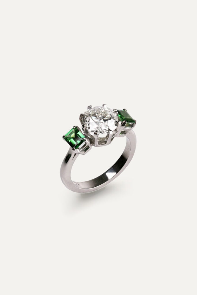 Old Cut Diamond & Tsavorite Trilogy Ring