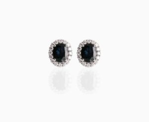 Stud earrings oval Sapphire 3.81ct with diamond halo 1.00cts 18ct white gold