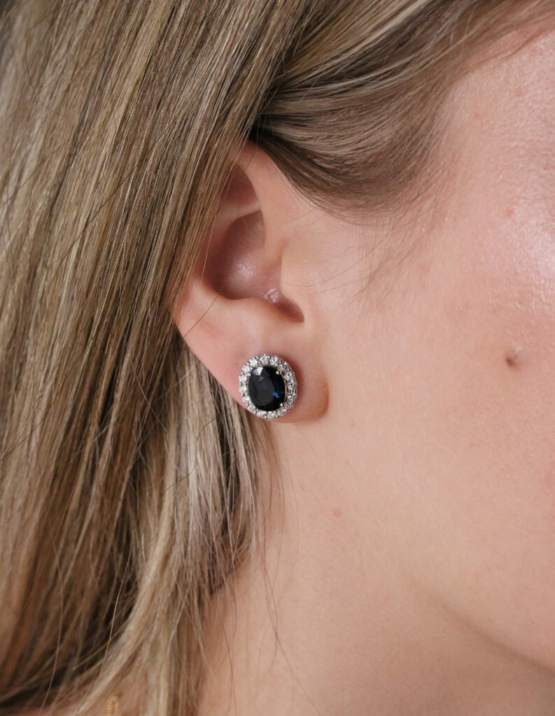Stud earrings oval Sapphire 3.81ct with diamond halo 1.00cts 18ct white gold
