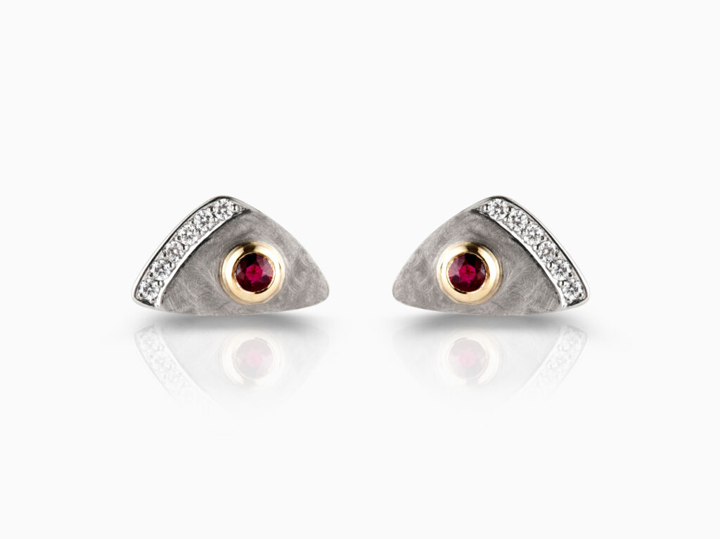 Ruby & 18ct Gold Textured Triangle Stud Earrings