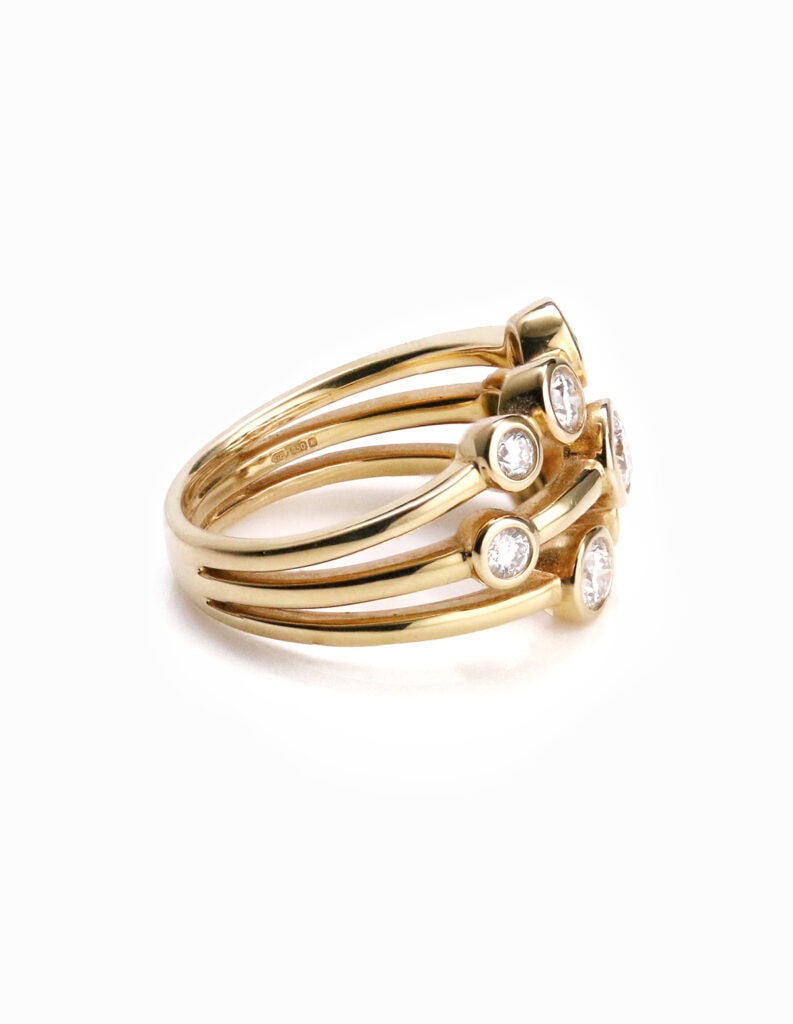 Dress ring 3 band diamond bezel set 1.01ct 18ct yellow gold ring size N — side view