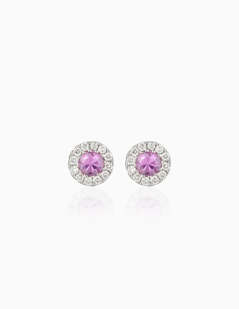 Stud earrings pink sapphire 0.47ct and diamond 0.17ct halo 18ct white gold