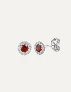 Stud earrings garnet 0.46ct Diamond halo 0.17ct 9ct white gold — side view
