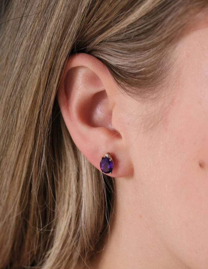 Stud earrings oval Amethyst and diamond 9ct yellow gold