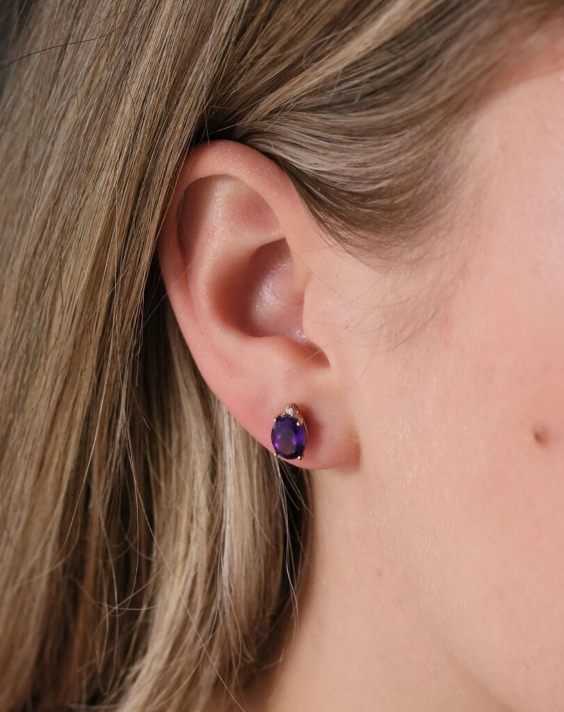 Stud earrings oval Amethyst and diamond 9ct yellow gold