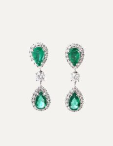 Drop earrings pear shape Emeralds 3.09ct and with diamond halos 1.67ct 18ct white gold