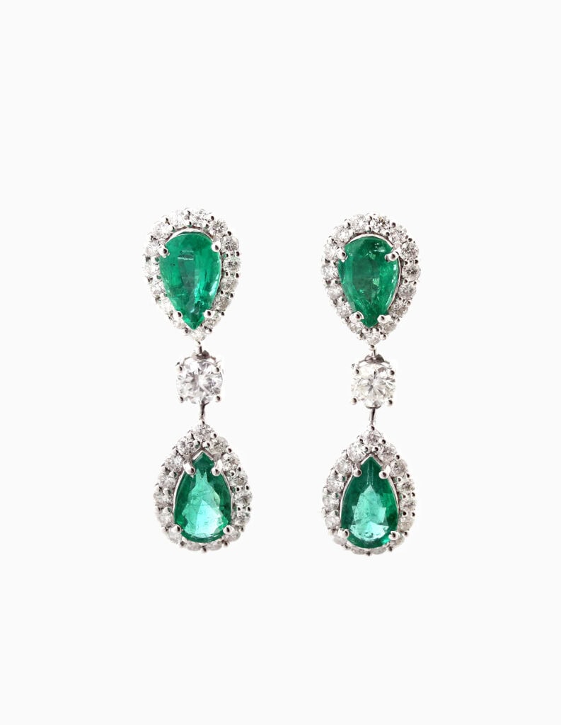 Drop earrings pear shape Emeralds 3.09ct and with diamond halos 1.67ct 18ct white gold