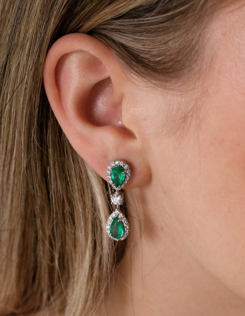 Drop earrings pear shape Emeralds 3.09ct and with diamond halos 1.67ct 18ct white gold