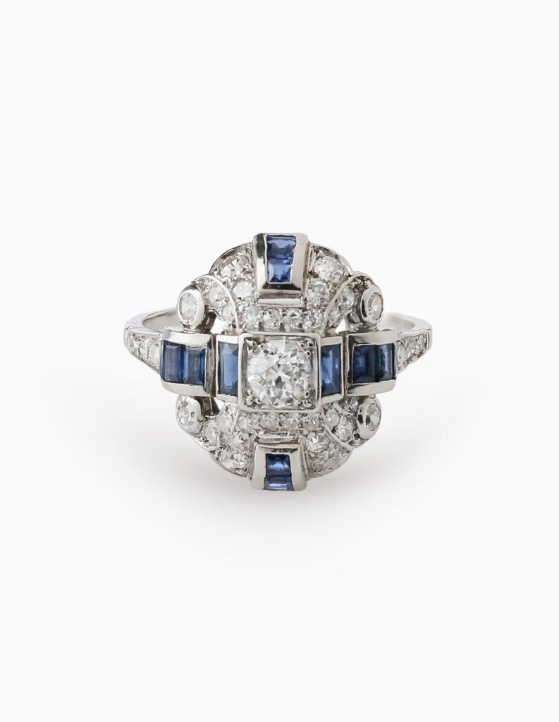 Dress ring art deco sapphire and diamond 0.50 ct total Platinum