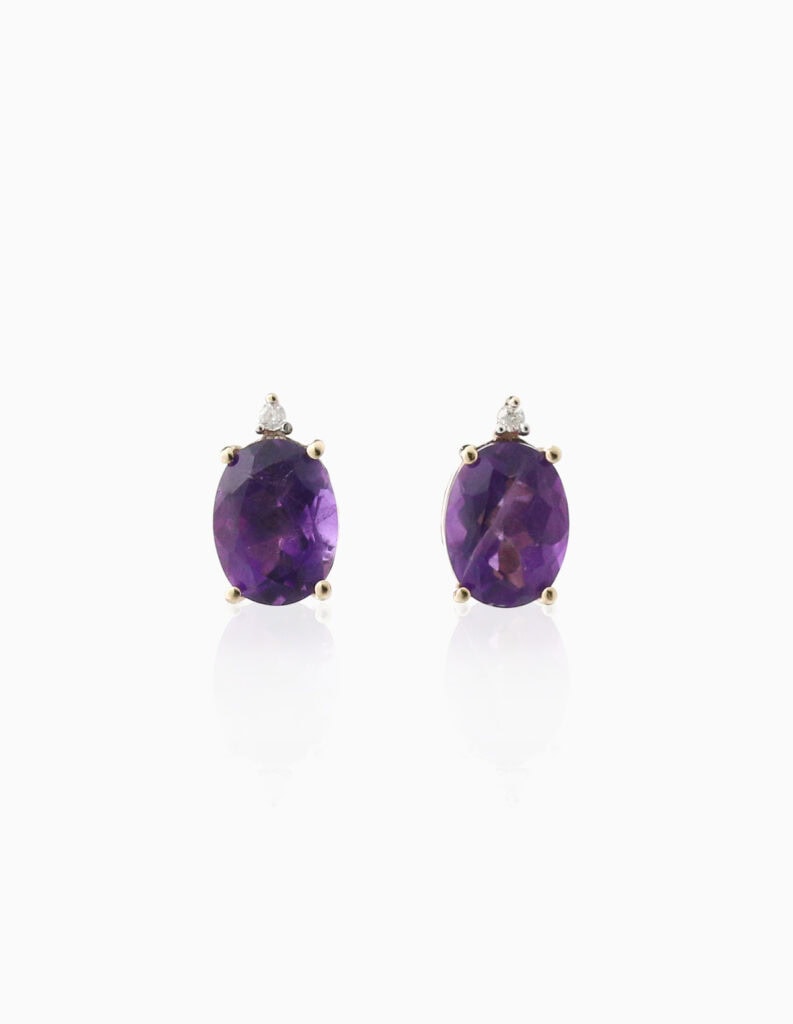 Stud earrings oval Amethyst and diamond 9ct yellow gold