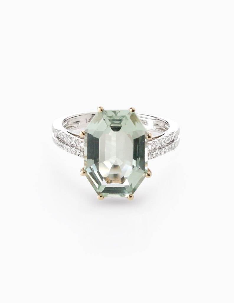 Dress ring Green Amethyst 6.30ct and diamond 0.12ct 14ct gold ring size N