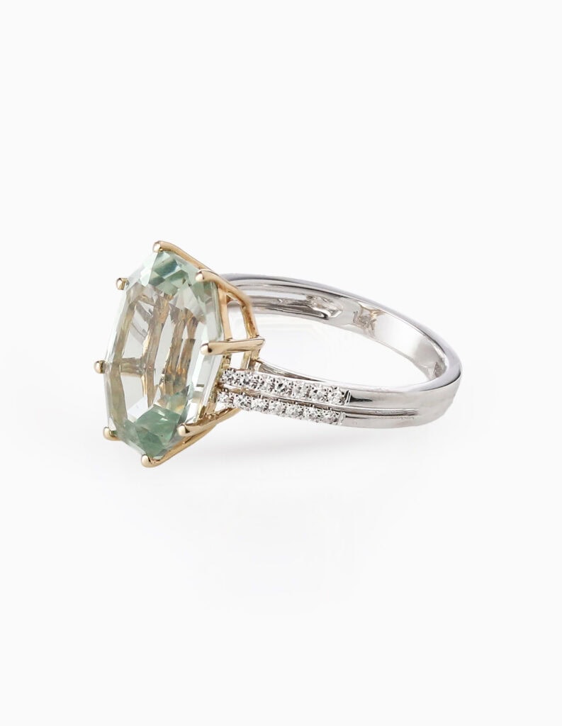 Dress ring Green Amethyst 6.30ct and diamond 0.12ct 14ct gold ring size N — side view