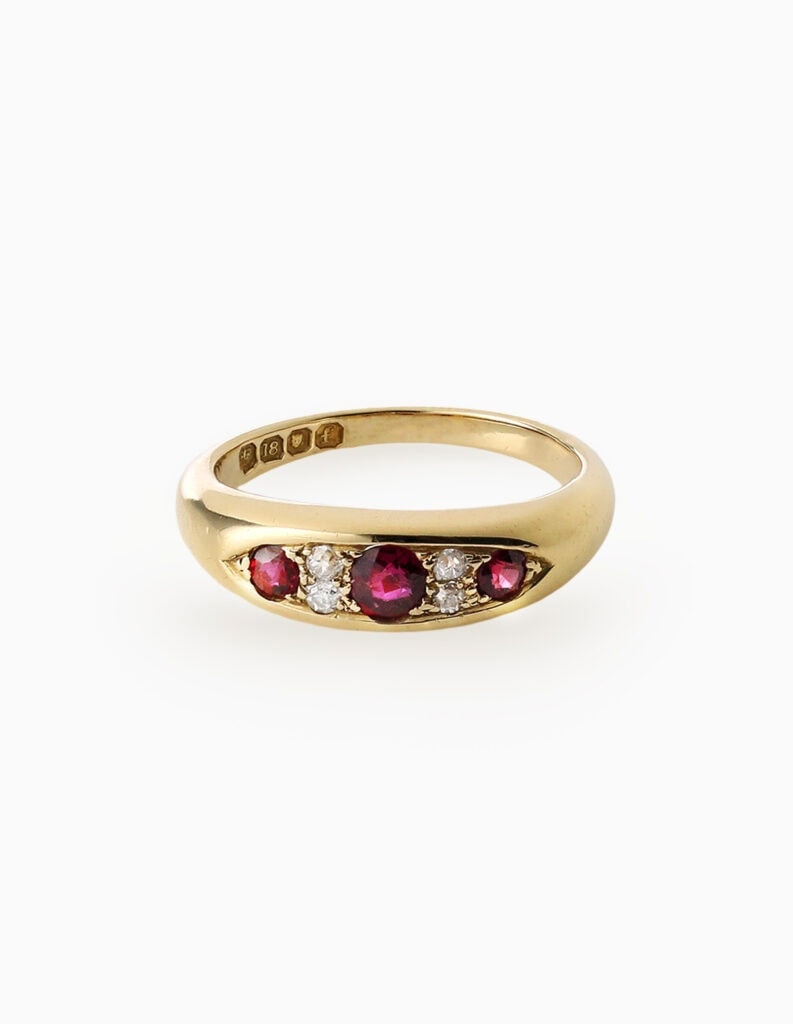 Three stone ring Ruby and Diamond 18ct yellow gold ring size L1/2