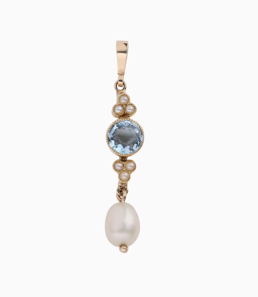 Pendant Aqua and pearl 14ct yellow gold