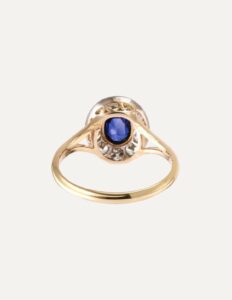 Cluster ring sapphire and diamond 0.60ct 18ct yellow gold ring size T — back view
