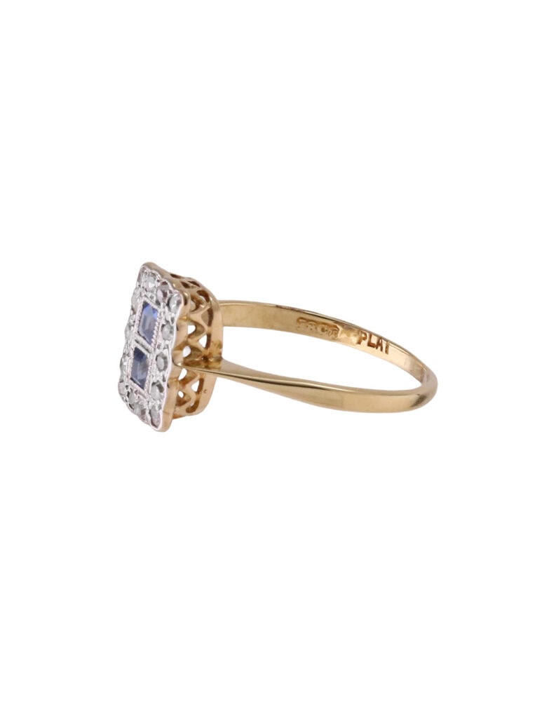 Dress ring vintage oblong sapphire and diamond shield 18ct yellow gold ring size M — side view