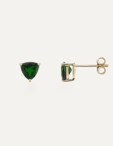 Earrings chrome diopside studs 9ct yellow gold — side view