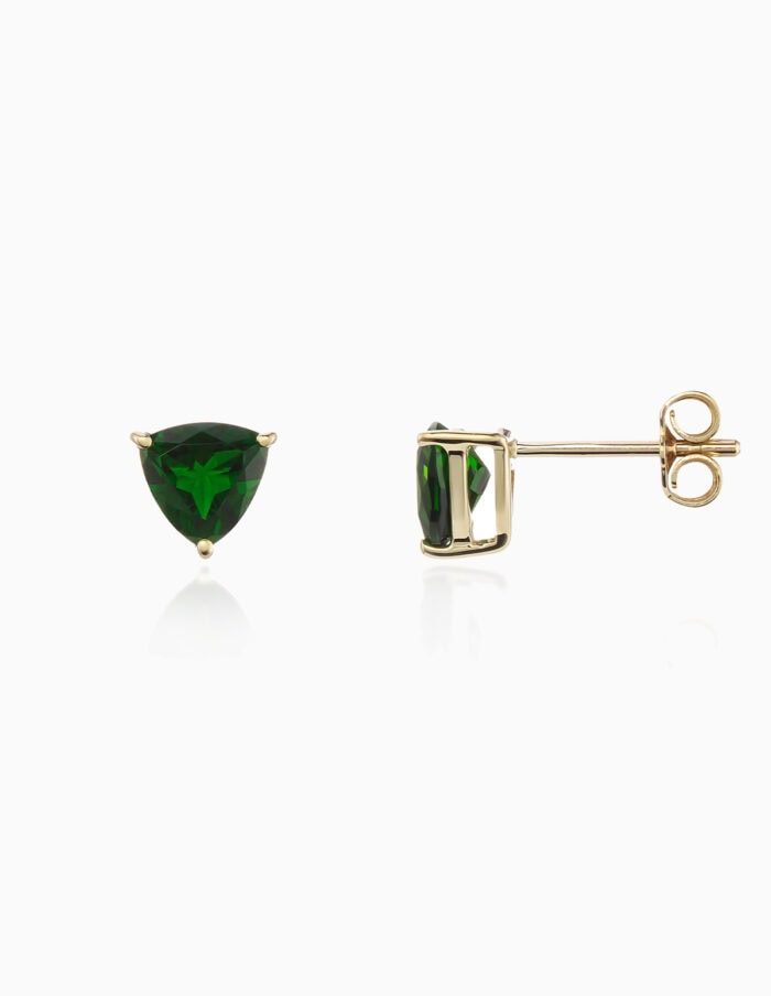 Earrings chrome diopside studs 9ct yellow gold — side view
