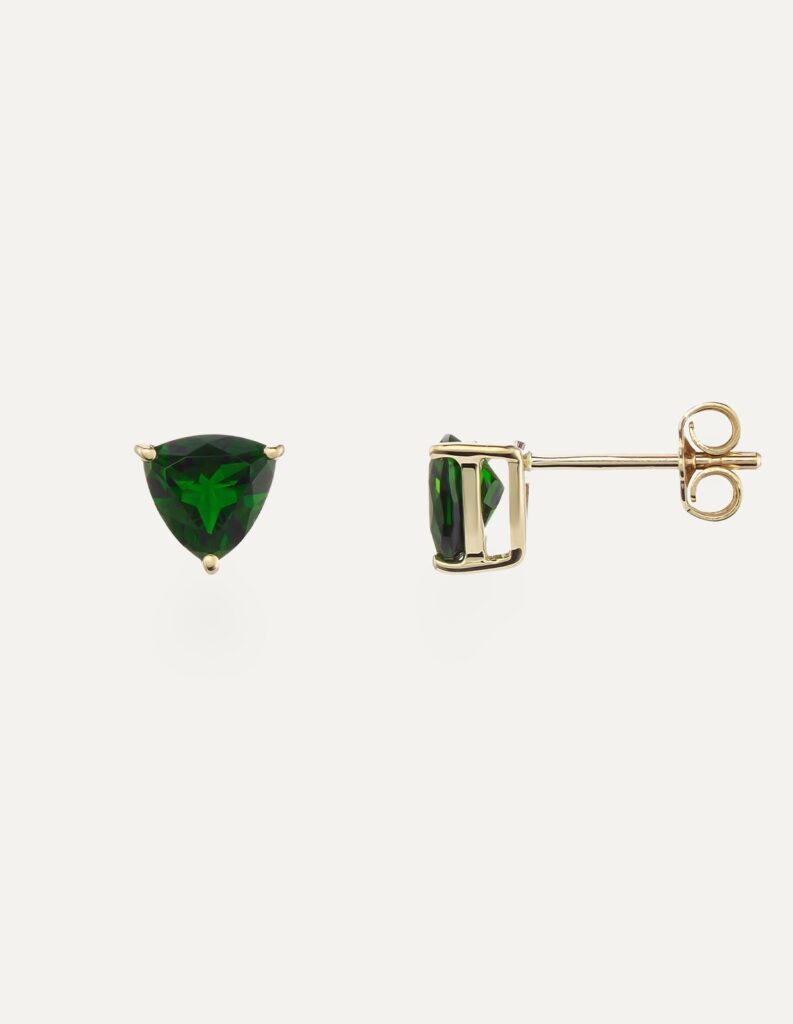 Earrings chrome diopside studs 9ct yellow gold — side view