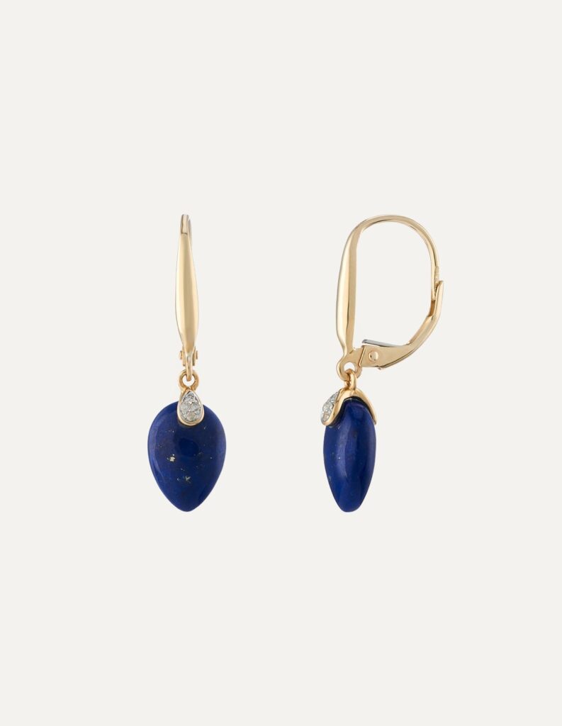 Earrings lapis & diamond drops 9ct yellow gold — side view