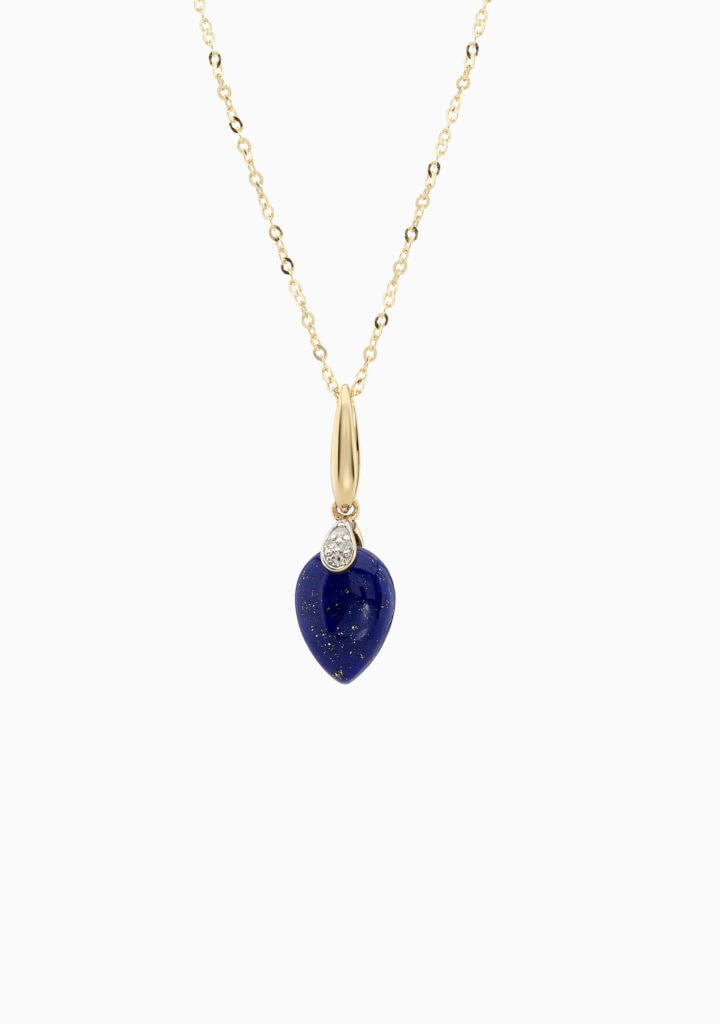 Pendant lapis & diamond drop with 9ct yellow gold chain