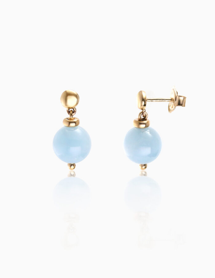 Earrings aquamarine bead drop studs 9ct yellow gold — side view