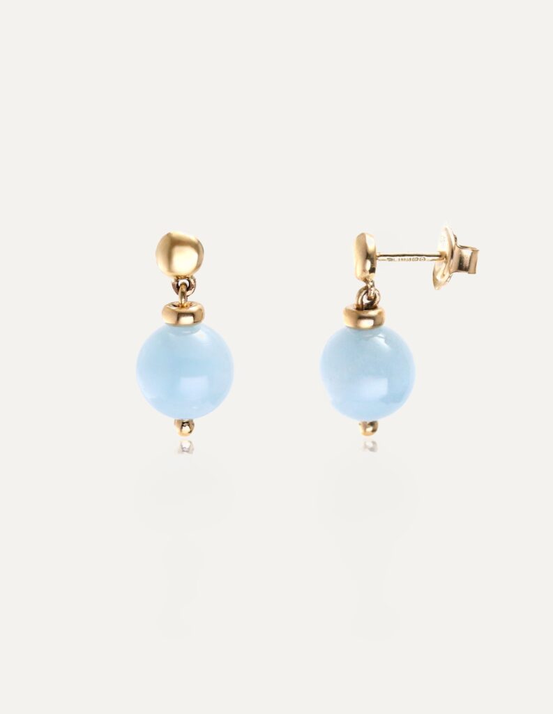 Earrings aquamarine bead drop studs 9ct yellow gold — side view