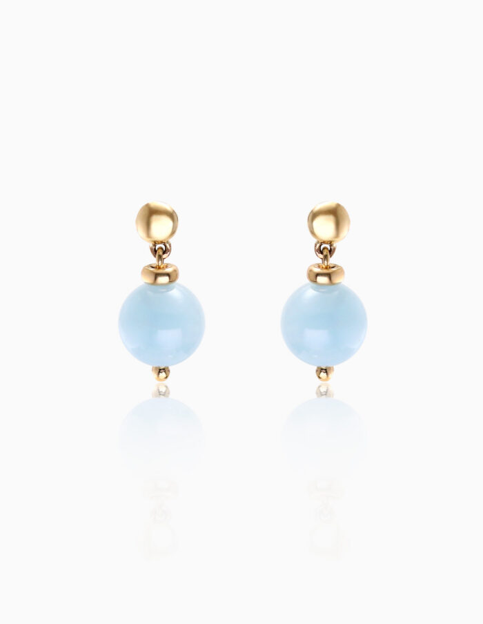 Earrings aquamarine bead drop studs 9ct yellow gold
