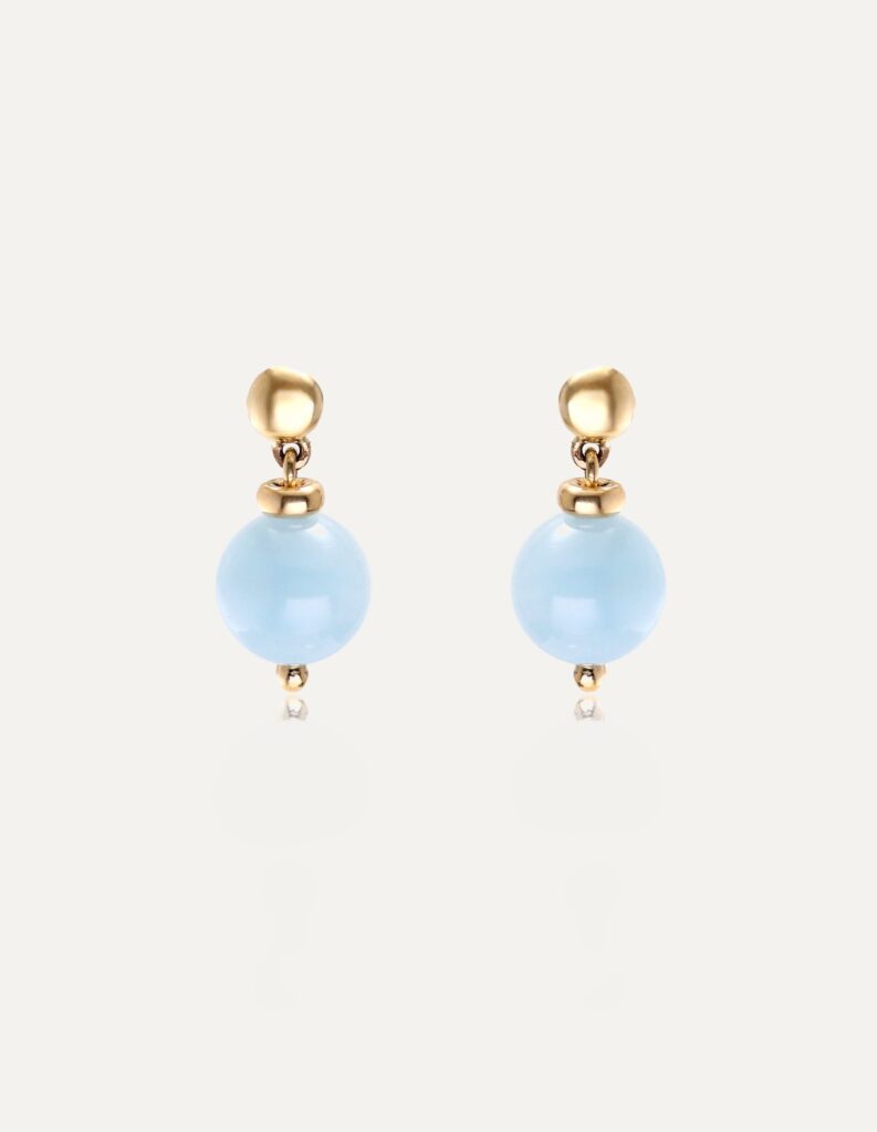 Earrings aquamarine bead drop studs 9ct yellow gold