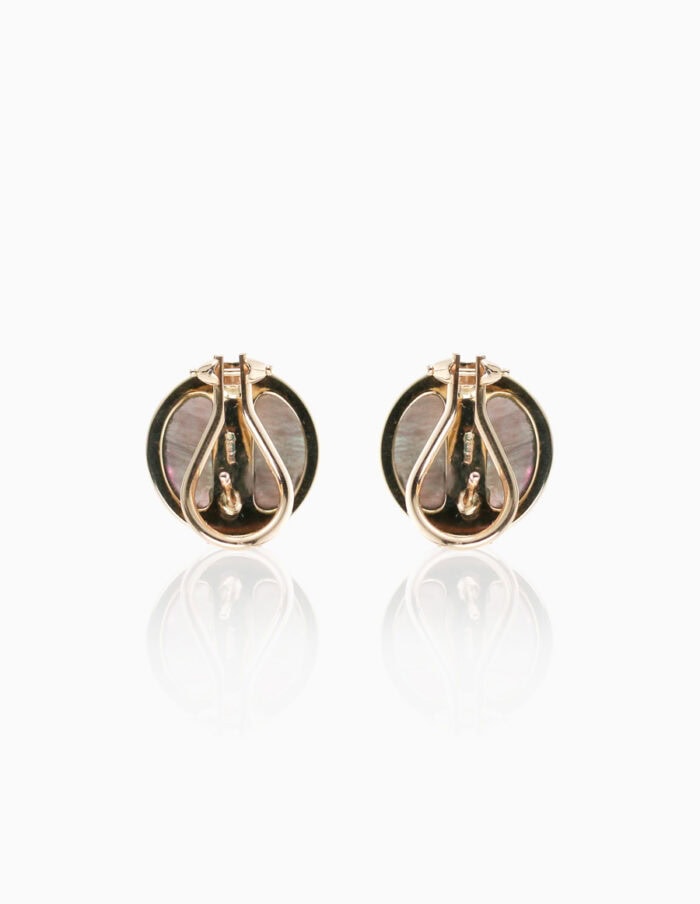 Earrings grey mabe pearl peg & hinge 9ct yellow gold — back view