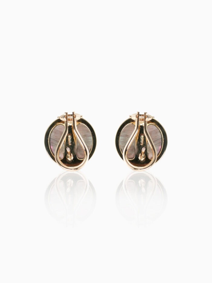 Earrings grey mabe pearl peg & hinge 9ct yellow gold — back view