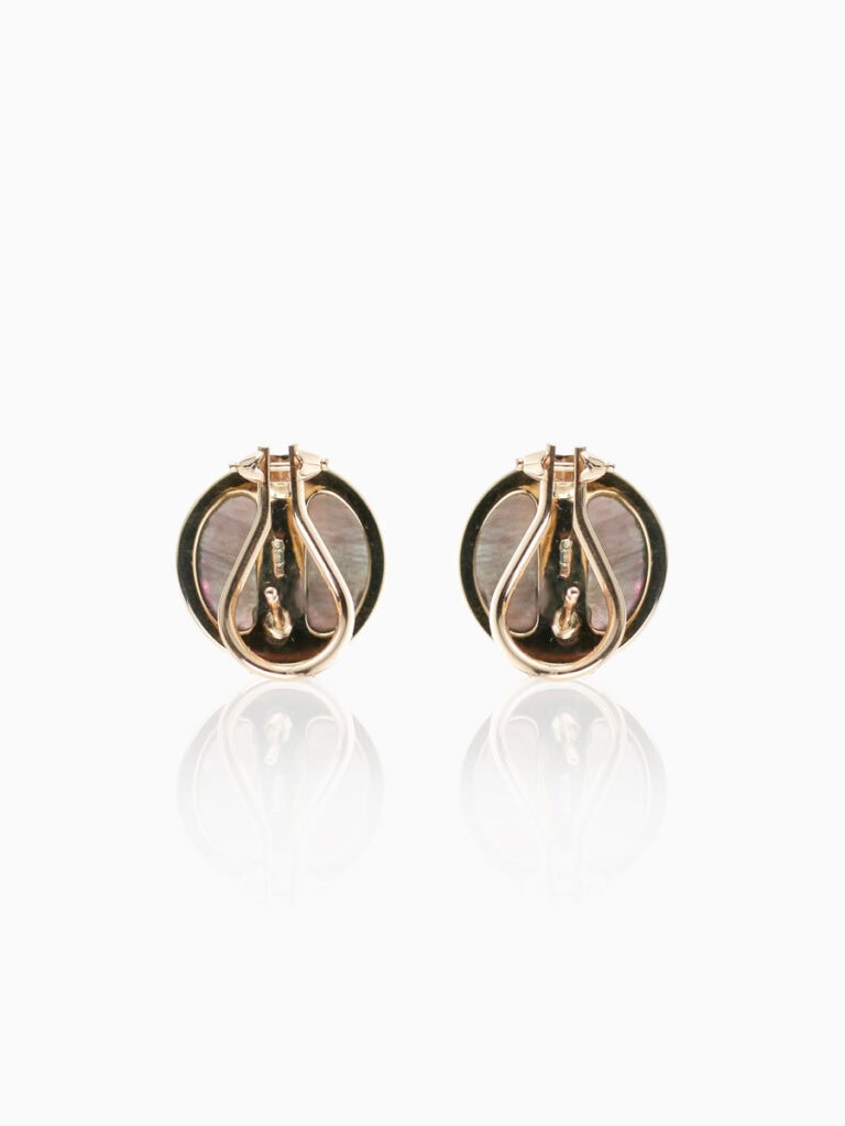 Earrings grey mabe pearl peg & hinge 9ct yellow gold — back view