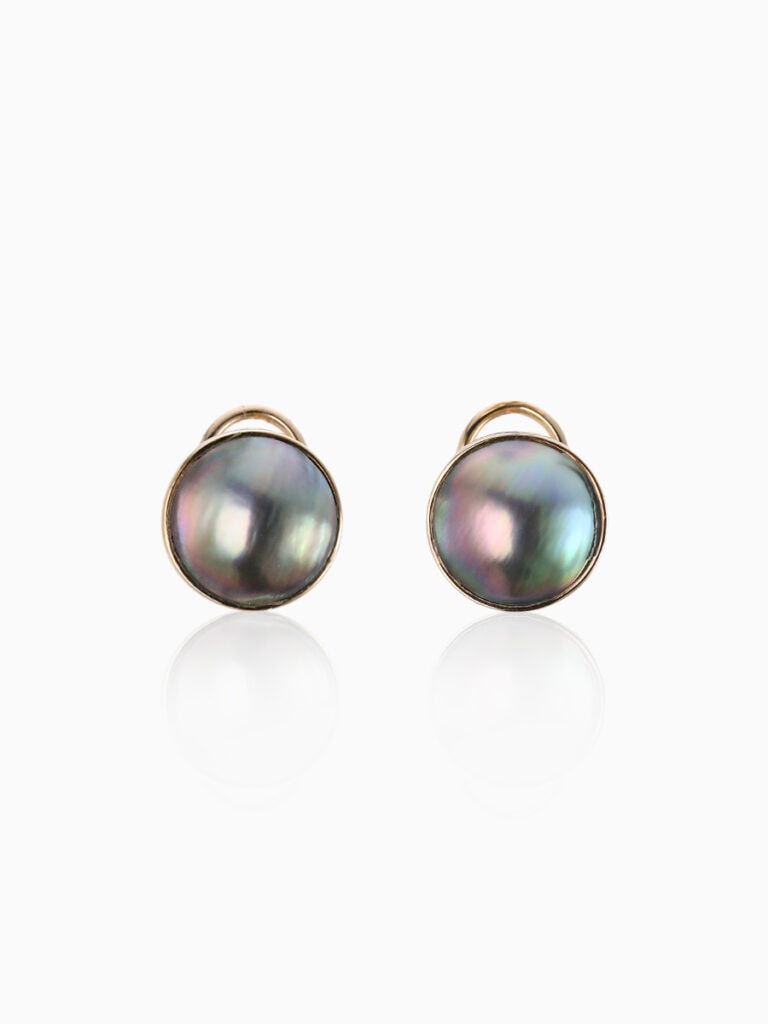 Earrings grey mabe pearl peg & hinge 9ct yellow gold