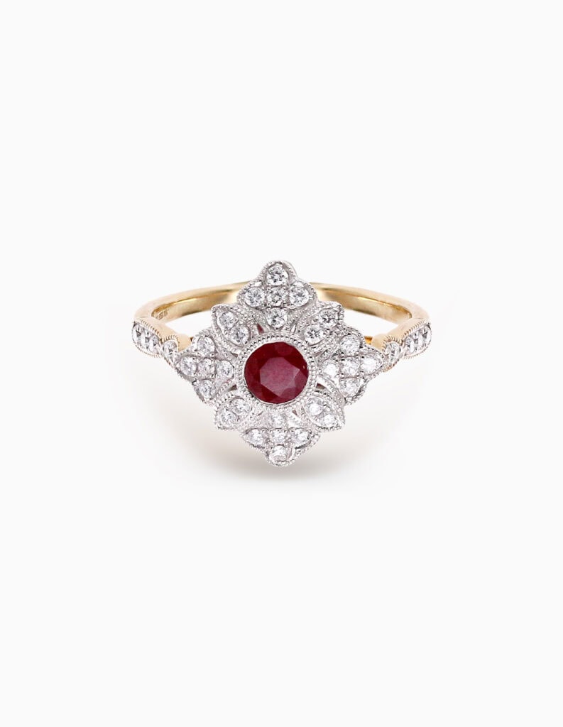 Dress ring ruby 0.36ct and diamond 0.29ct vintage shield 9ct yellow gold ring size M1/2