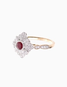 Dress ring ruby 0.36ct and diamond 0.29ct vintage shield 9ct yellow gold ring size M1/2 — side view