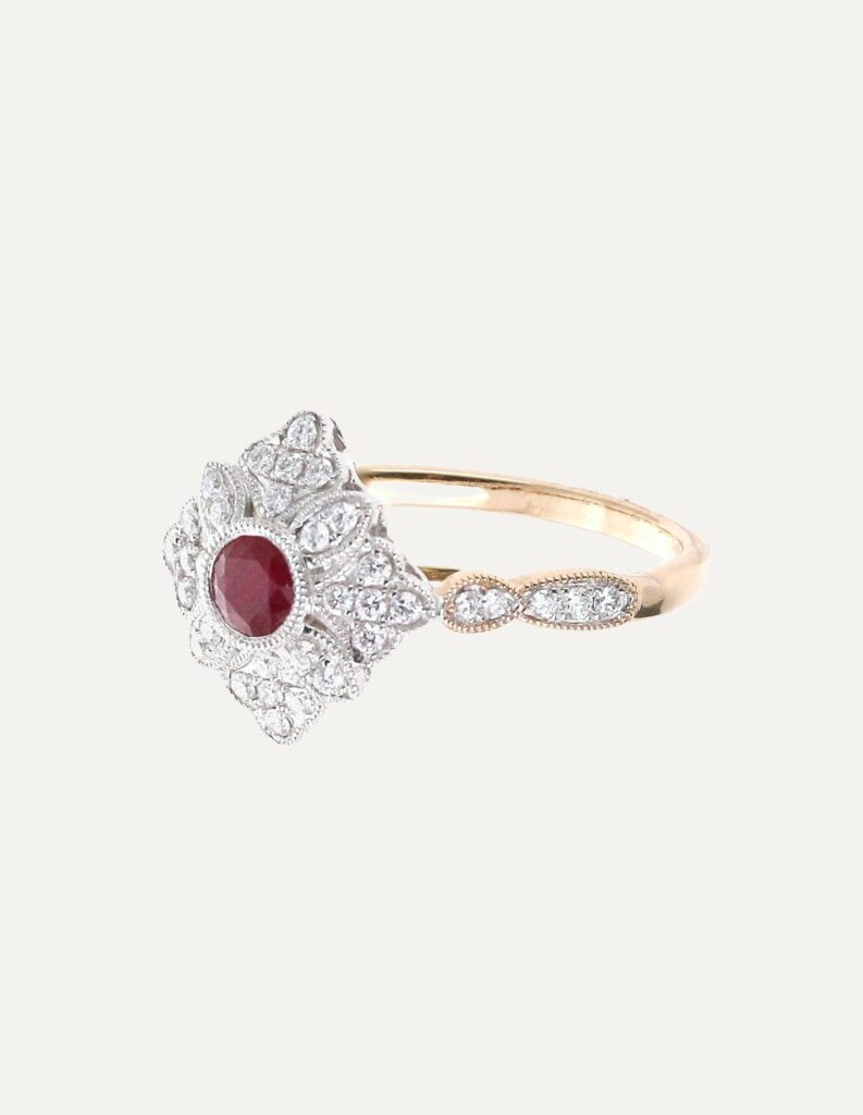 Dress ring ruby 0.36ct and diamond 0.29ct vintage shield 9ct yellow gold ring size M1/2 — side view