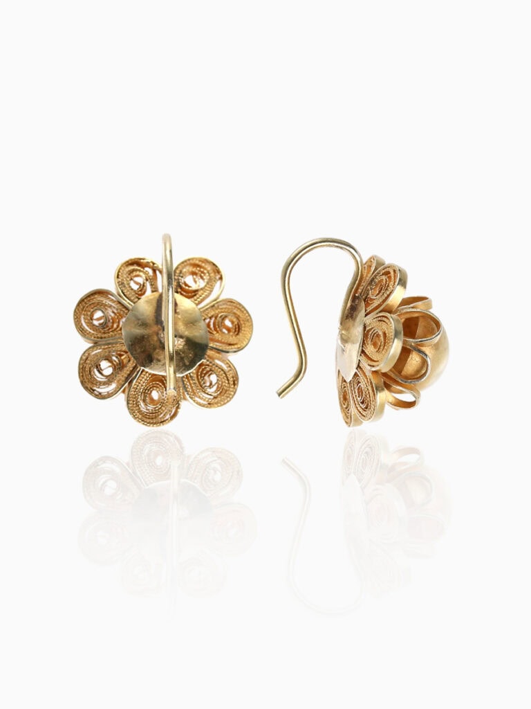 Earrings flower filigree hooks 9ct yellow gold — back view