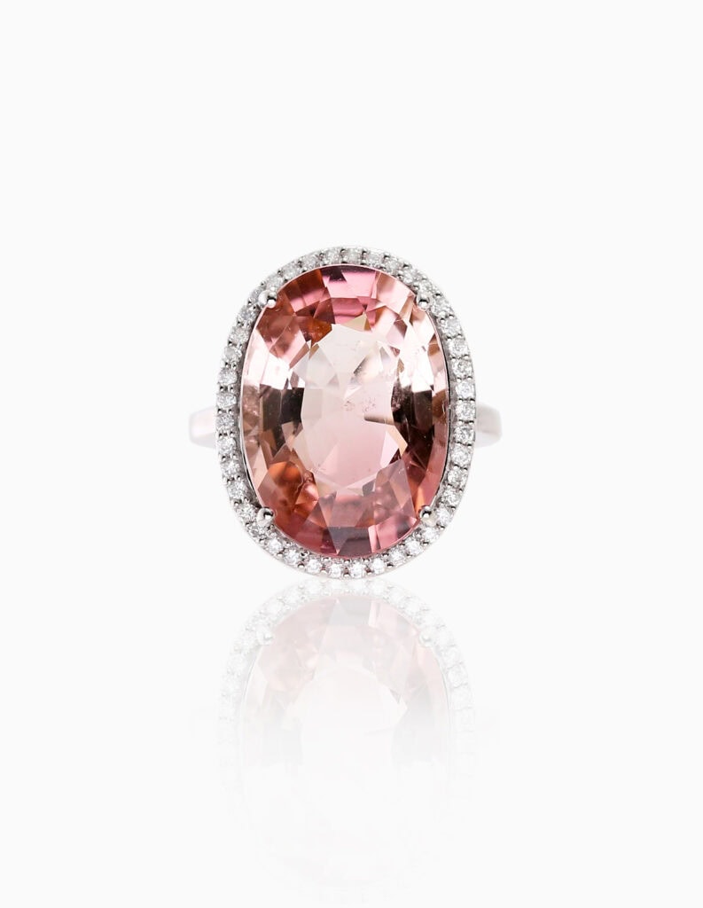 Dress ring large oval Tourmaline and diamond 18ct white gold ring size M
