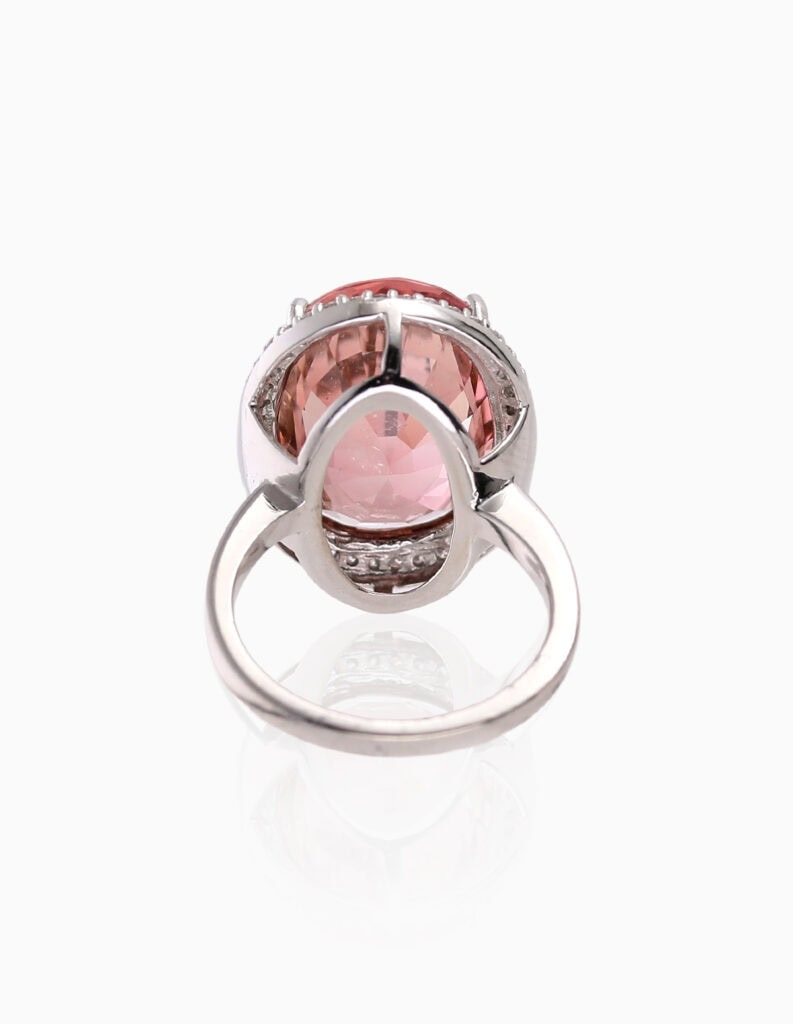 Dress ring large oval Tourmaline and diamond 18ct white gold ring size M — back view