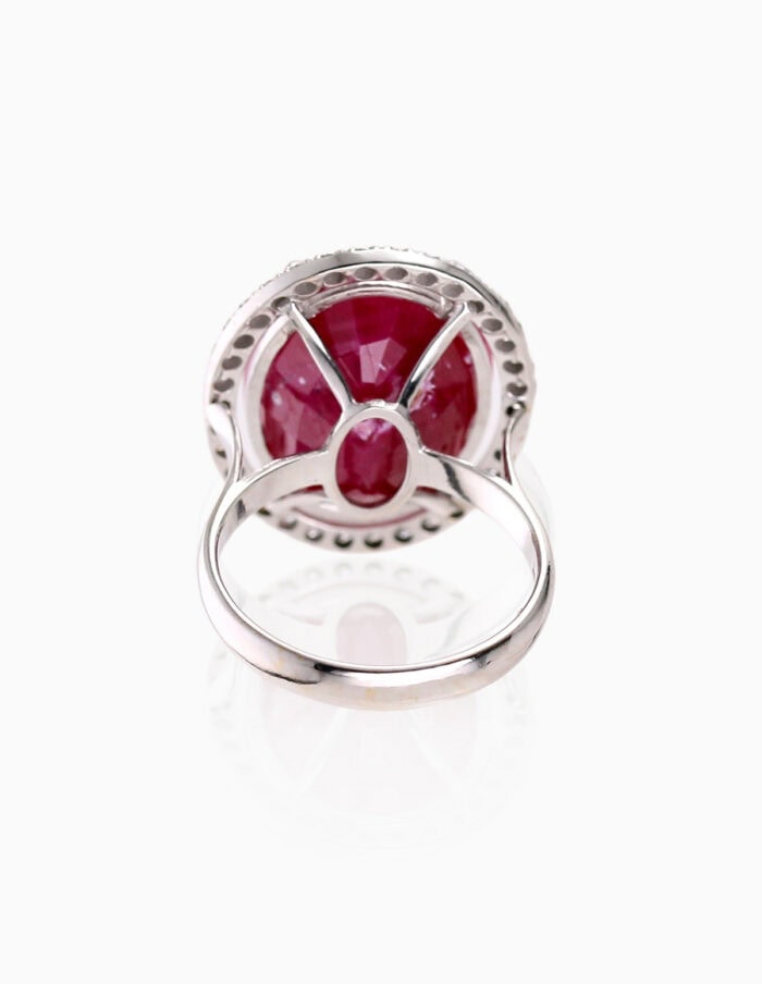 Dress ring large oval ruby with diamond halo 18ct white gold ring size O — back view