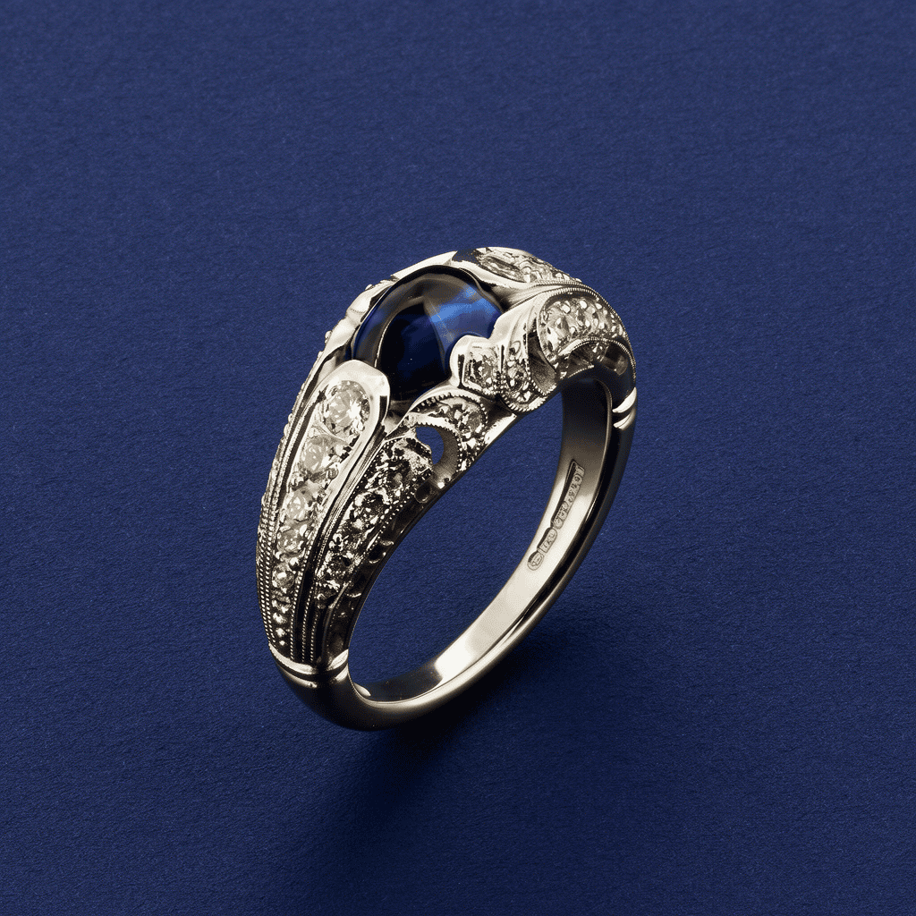 The finished ring with diamonds grain-set into the shoulders and a hand-cut millegrain edge