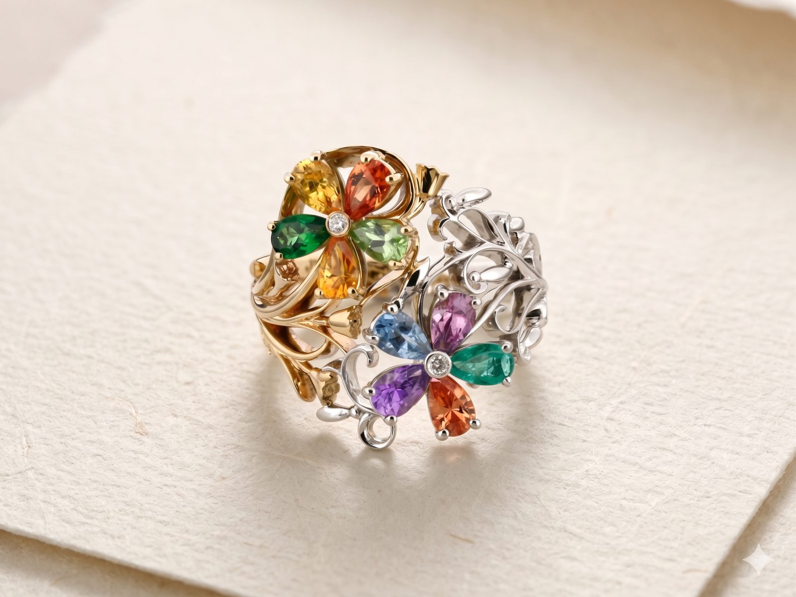 Ornate multi-gemstone floral cluster rings in yellow and white gold — handcrafted jewellery by The Jewellery Workshop, Diss