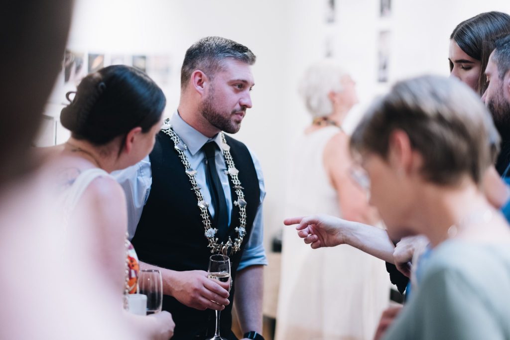 The Mayor of Diss, Declan Craggs, wearing the mayoral chain at the exhibition