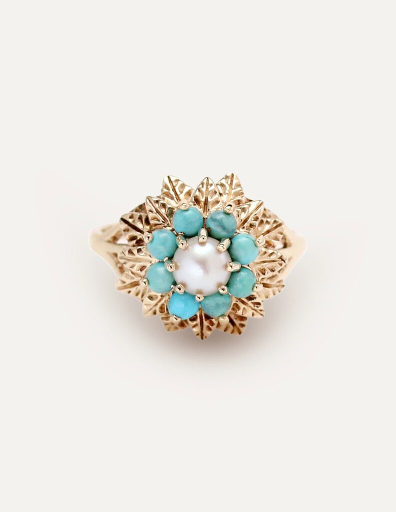 Turquoise & Pearl Dress Ring 9ct Yellow Gold Size Q½