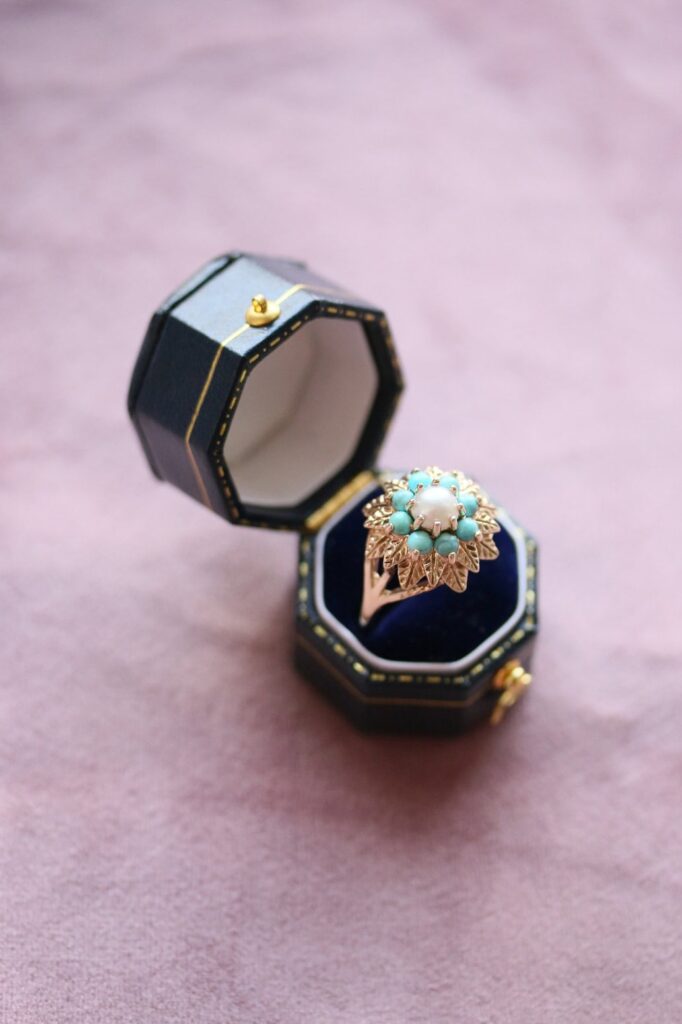 Turquoise & Pearl Dress Ring 9ct Yellow Gold Size Q½