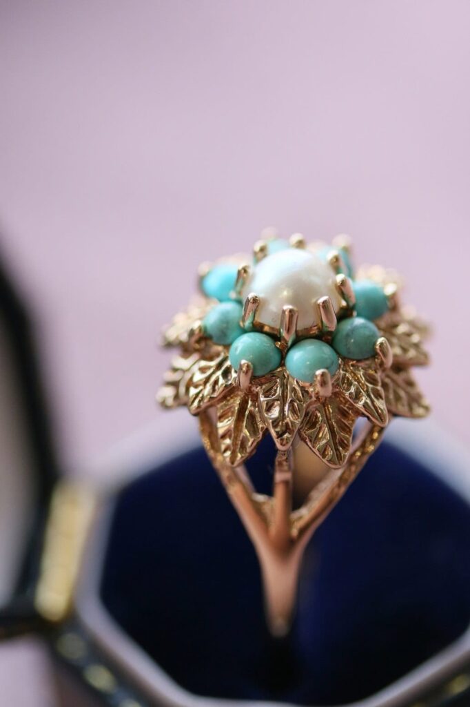 Turquoise & Pearl Dress Ring 9ct Yellow Gold Size Q½