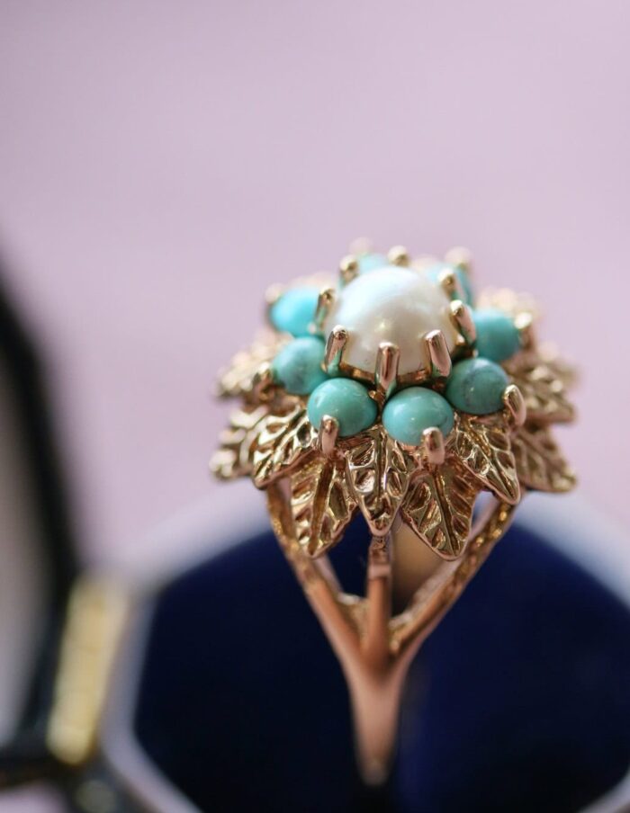 Turquoise & Pearl Dress Ring 9ct Yellow Gold Size Q½ - Image 3